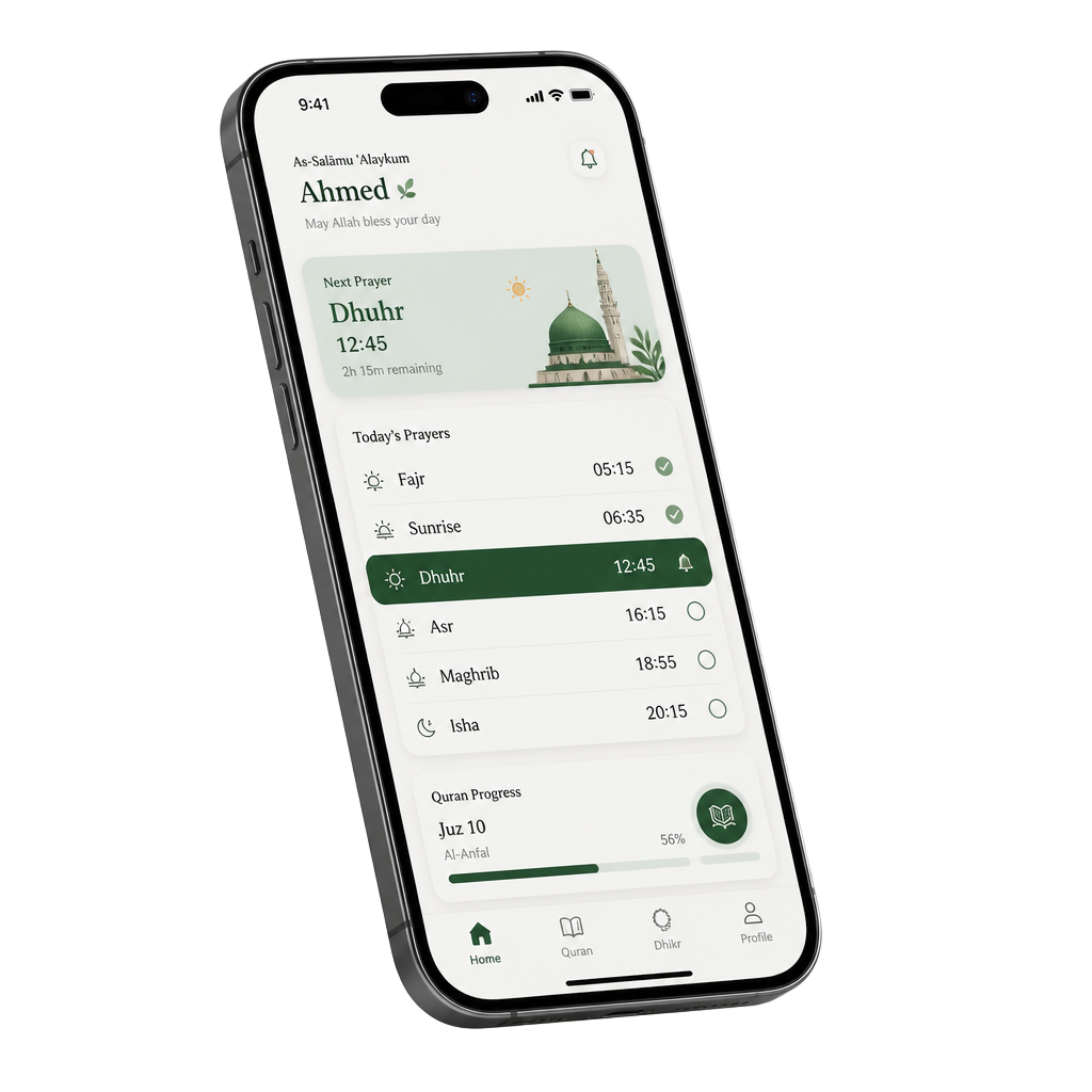 NoorFamily app on iPhone displaying prayer times and Qur'an progress